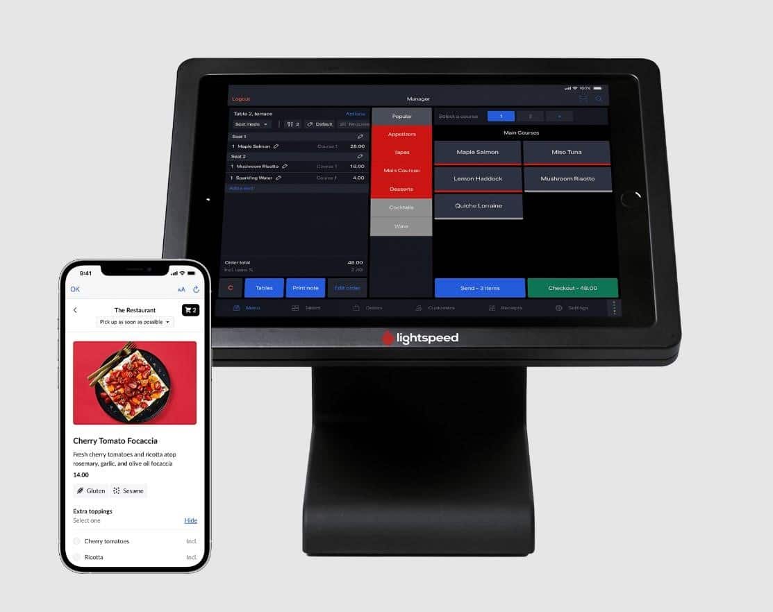Lightspeed Restaurant’s interface, mobile app, and touchscreen monitor
