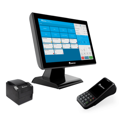 Epos Now system terminal stand, card reader, and printer