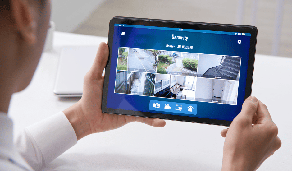 business security camera footage being watched on a tablet