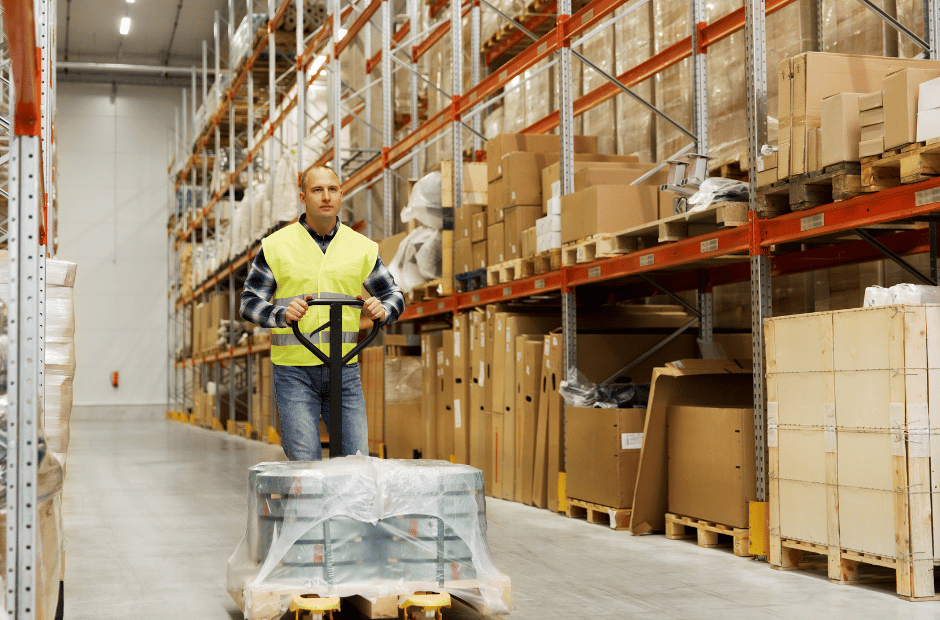 Man pushing crate in retail wholesale warehouse