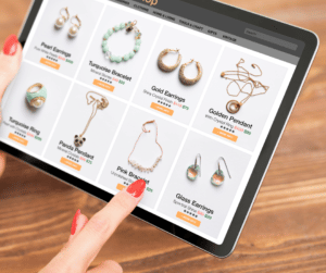 a woman browsing an online jewelry store on a tablet 