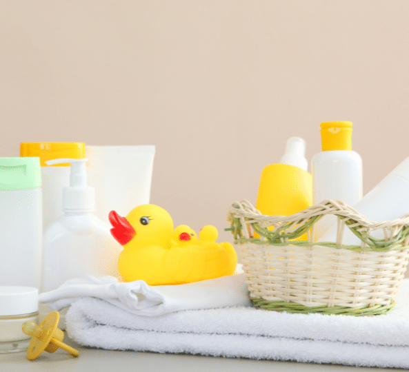 a posed photo of baby bath products