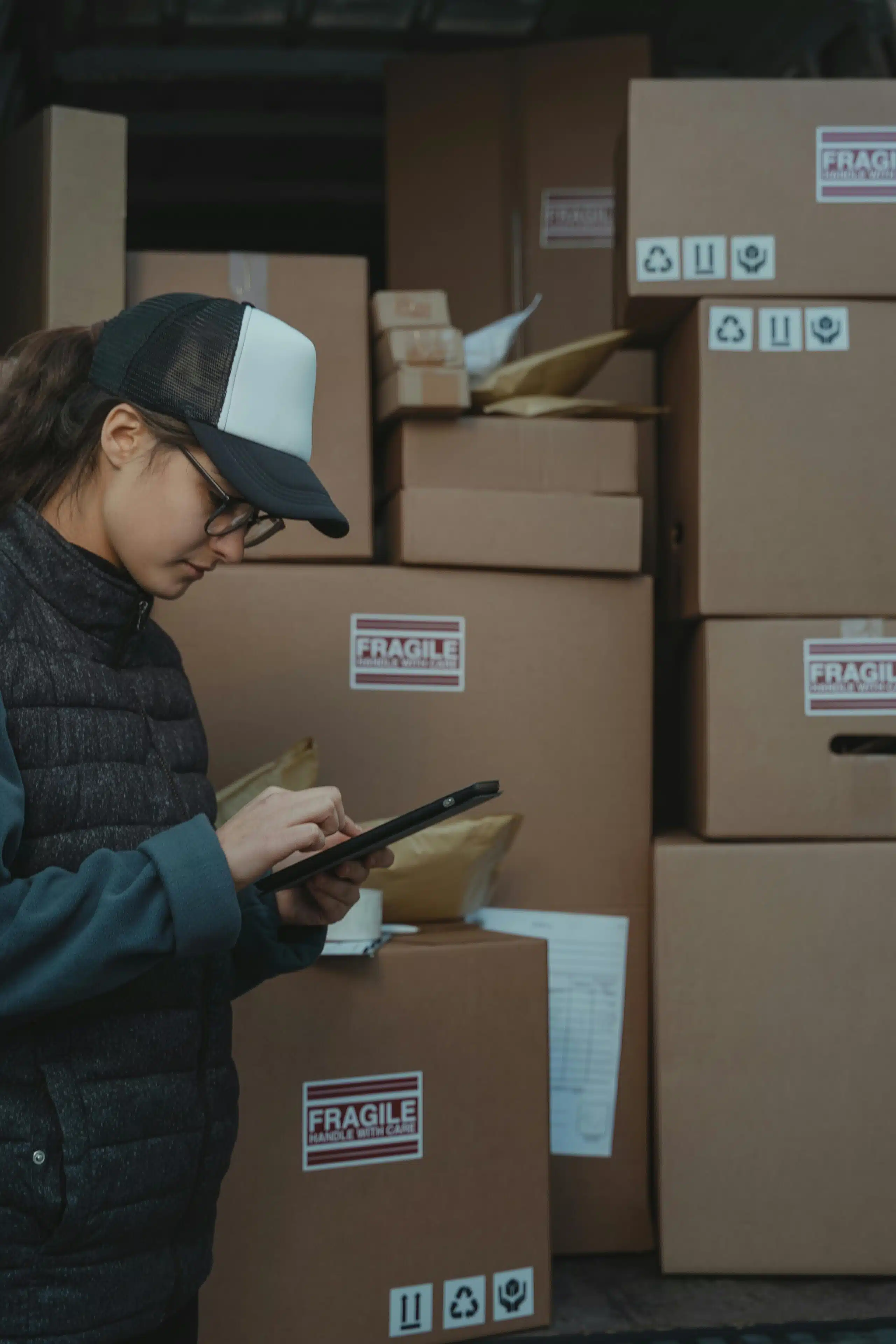 A female holding a tablet surrounded by boxes of inventory. 
